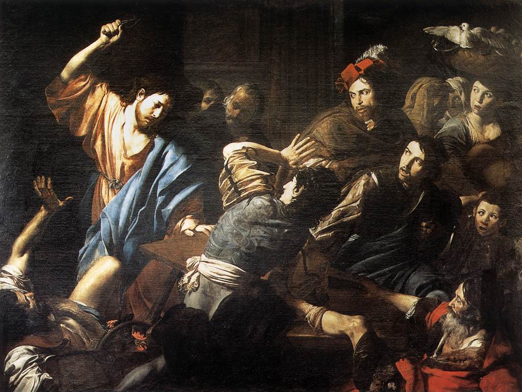 Image of a painting by Valentin de Boulogne of Jesus driving the money changers